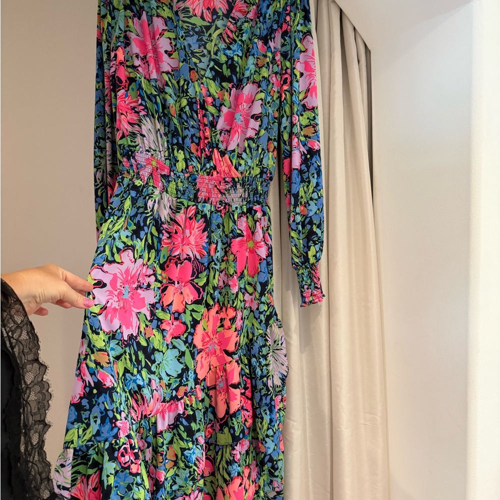 Lilly Pulitzer Cristiana colorful floral mid length long sleeve ruffle dress